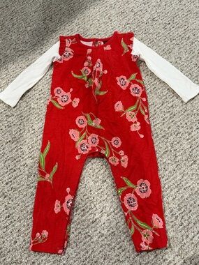 NWOT Tea Collection Red Floral Long-Sleeve Layered Romper 12-18 mos MSRP $42